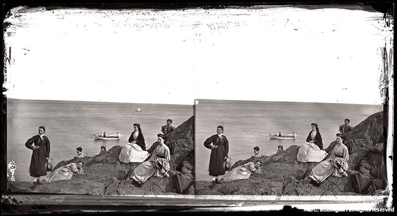 Figures Posed on Rock with Boat, 1870s