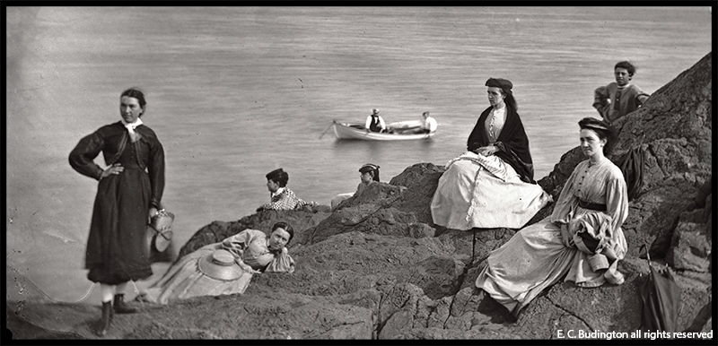 Figures Posed on Rock with Boat, 1870s, Cropped